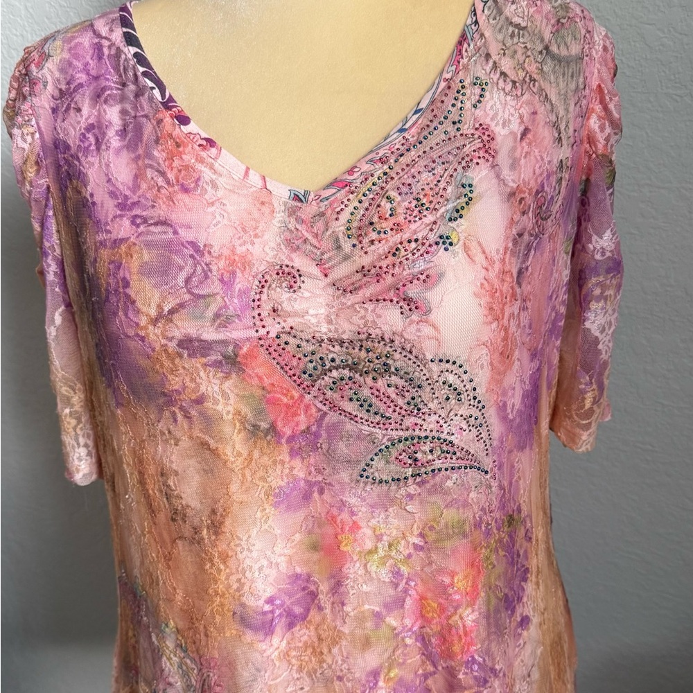 Women’s French Blue Lace & Beaded Lace Shirt With Ruched Sleeve Size XL